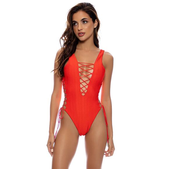 Luli Fama Hot Tropics Open Side One Piece Bodysuit- Lava Red NWT SIZE S M - Picture 1 of 5